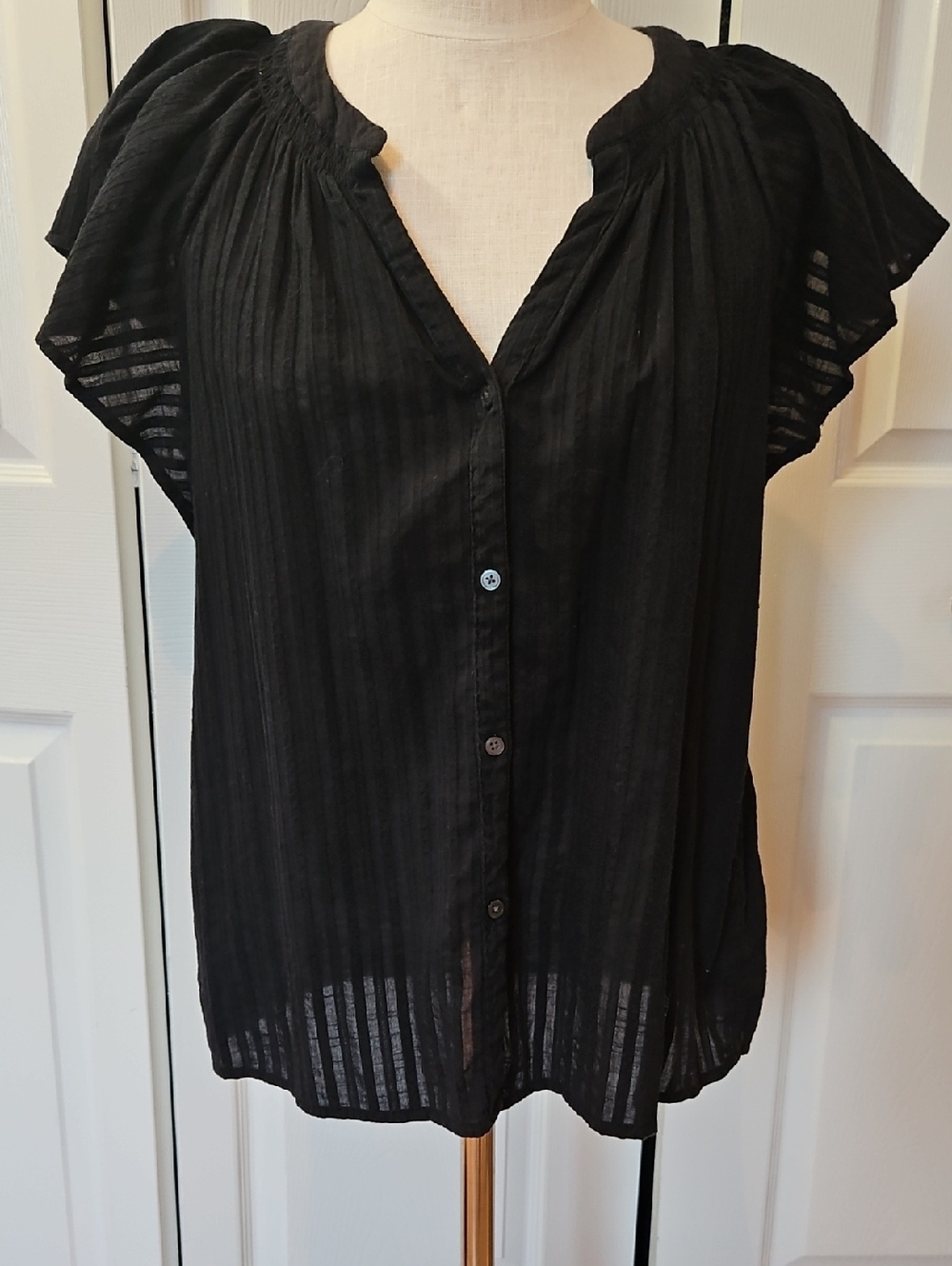 LOFT Black Semi-Sheer Button-Front Flutter Sleeve Top Size M